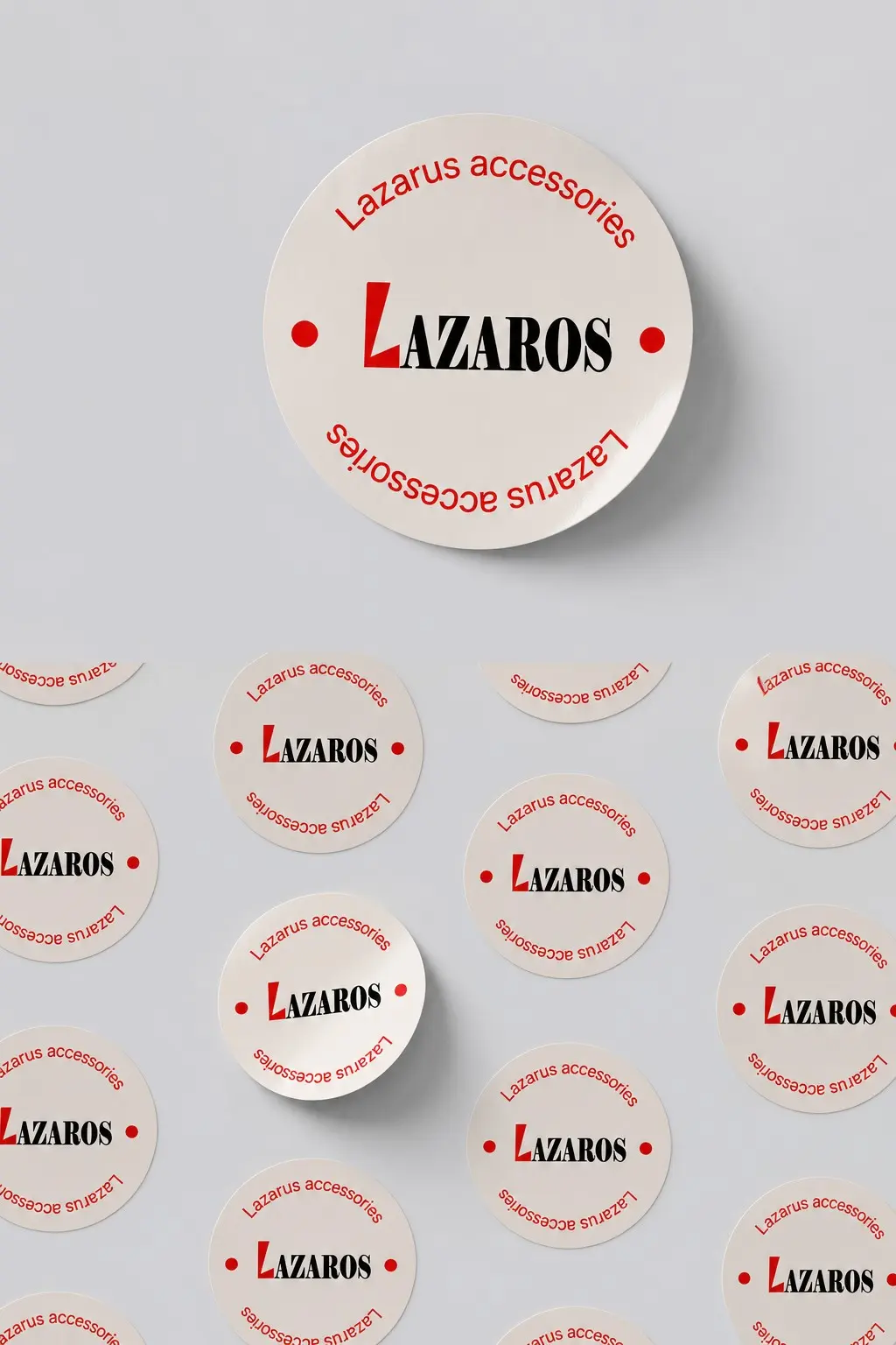 ستيكرات Lazaros دائرية بيضاء باللوكو الأحمر والأسود